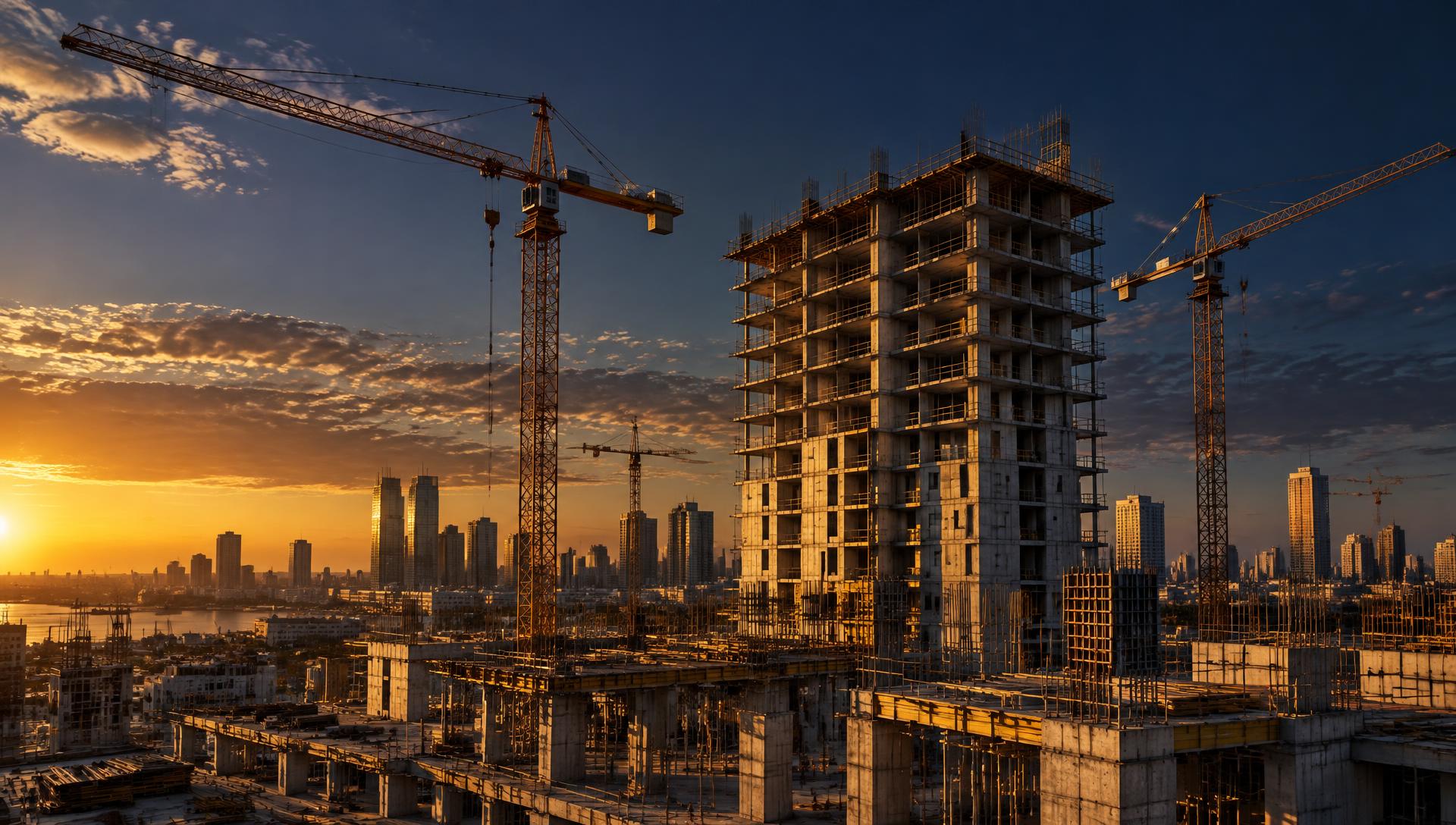 Obra en construcción al atardecer